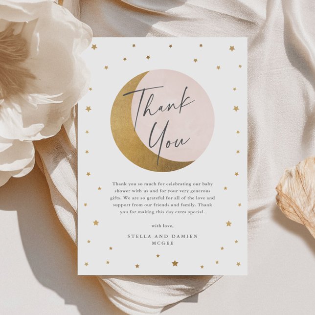 Guld Måne och Stars Rosa Baby Shower Tack Kort (Elegant Gold Moon and Stars Script Pink Baby Shower Thank You Card.)