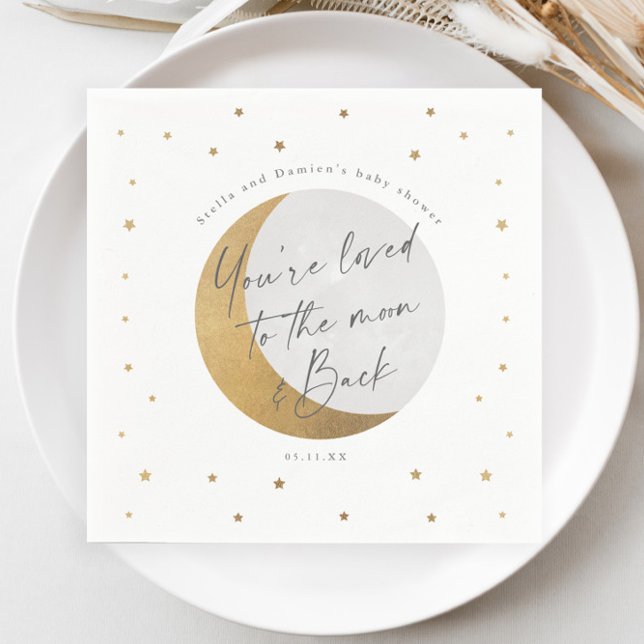 Guld Måne och Stjärnor Könsneutrala Barnkalas Pappersservett (Elegant Gold Moon and Stars Script Gender Neutral Baby Shower Napkin.)