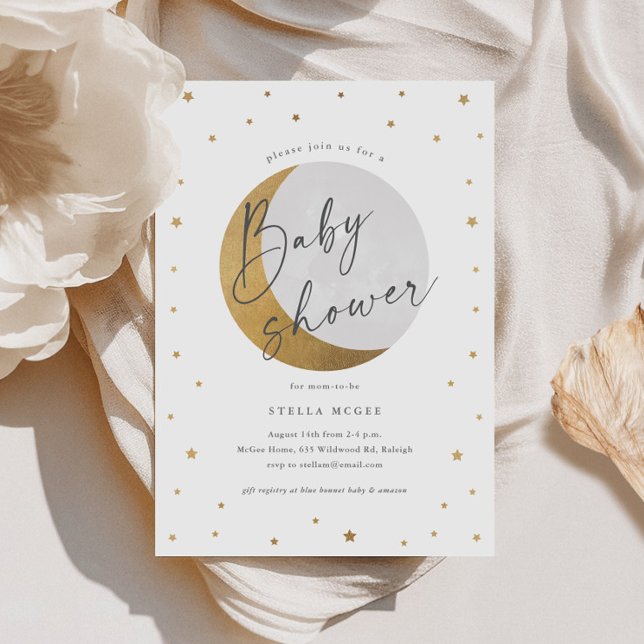 Guld Måne och stjärnor Nyneutrala babyskor Inbjudningar (Gold Moon and Stars Script Gender Neutral Baby Shower Invitations.)