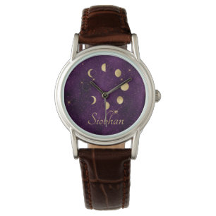 Guld Måne Phases Lila Stars Personlig Stars Armbandsur