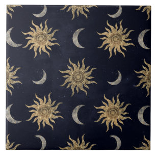 Guld Måne Sol Mandala Blue Night Himlar Mönster Kakelplatta