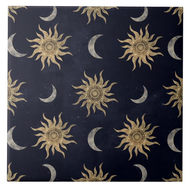 Guld Måne Sol Mandala Blue Night Himlar Mönster Kakelplatta (Framsidan)