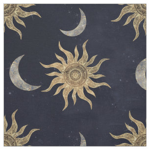 Guld Måne Sol Mandala Blue Night Himlar Mönster Tyg