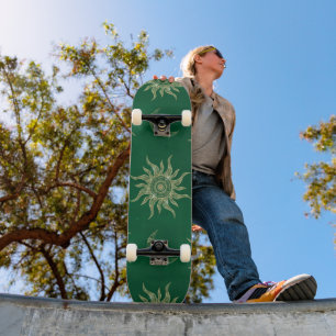 Guld Måne Sol Mandala Grönt Mönster Mini Skateboard Bräda 18,5 Cm