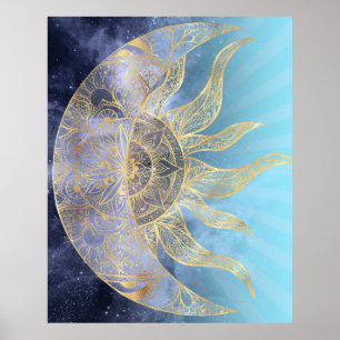 Guld Måne Sol Mandala-kelestial design Poster