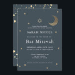 Guld Måne & Stars marinblå Bat mitzvah Inbjudningar<br><div class="desc">Den här enkla och chic Bat mitzvah inbjudan har en midnattsblå/marinblå bakgrund med davitstjärnan,  måne och stjärnor från guld glitter. Den omvända sidan har en mellangärden blå/marin blå bakgrund med faux guld-folie stänk. Anpassa den efter dina behov. Du hittar matchande produkter i min butik.</div>