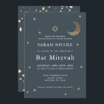 Guld Måne & Stars marinblå Bat mitzvah Inbjudningar<br><div class="desc">Den här enkla och chic Bat mitzvah inbjudan har en midnattsblå/marinblå bakgrund med davitstjärnan,  måne och stjärnor från guld glitter. Den omvända sidan har en mellangärden blå/marin blå bakgrund med faux guld-folie stänk. Anpassa den efter dina behov. Du hittar matchande produkter i min butik.</div>