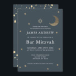 Guld Måne & Stars Navy Blue Pub Mitzvah Inbjudningar<br><div class="desc">Denna enkla inbjudan till Pub Mitzvah från chic har en blå bakgrund vid midnatt med marinblå stjärnor med davitstjärnan,  måne och stjärnor från guld glitter. Den omvända sidan har en mellangärden blå/marin blå bakgrund med faux guld-folie stänk. Anpassa den efter dina behov. Du hittar matchande produkter i min butik.</div>