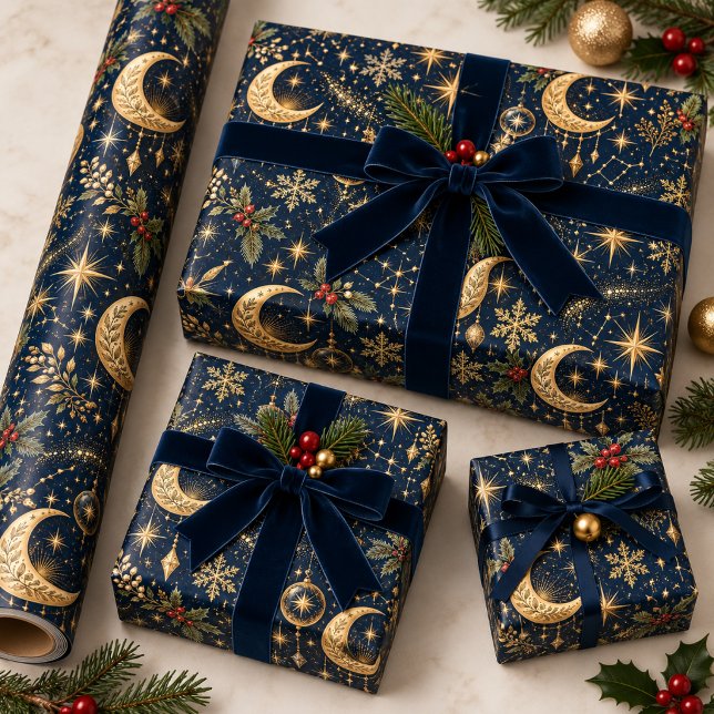 Guld Måne Stjärnor Konstellation Celestial Jul Presentpapper (Skapare uppladdad)