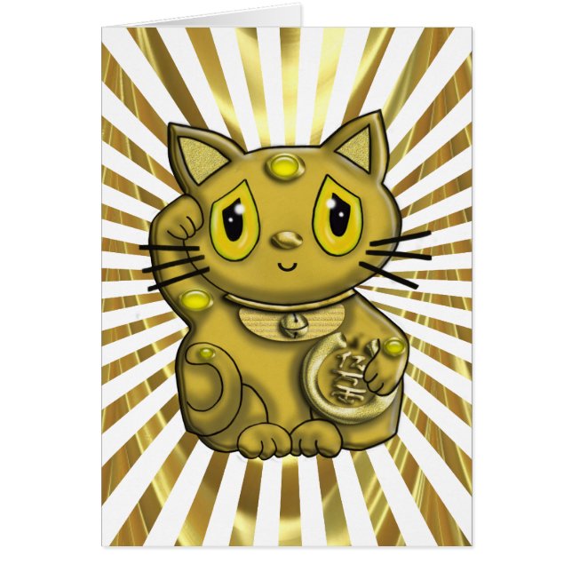 Guld- Maneki Neko lycklig göra tecken åt katt Hälsningskort (Framsidan)