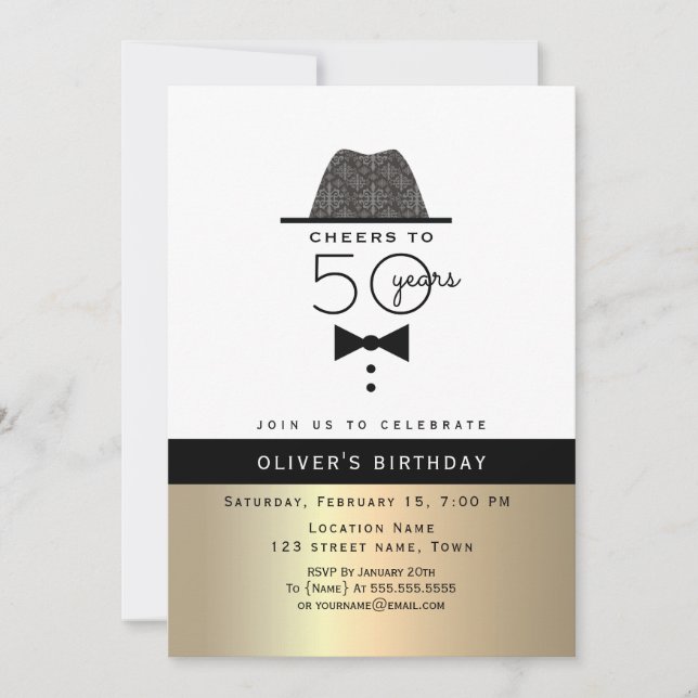 Guld Manlig 50-årsdag Inbjudningar (Framsida)