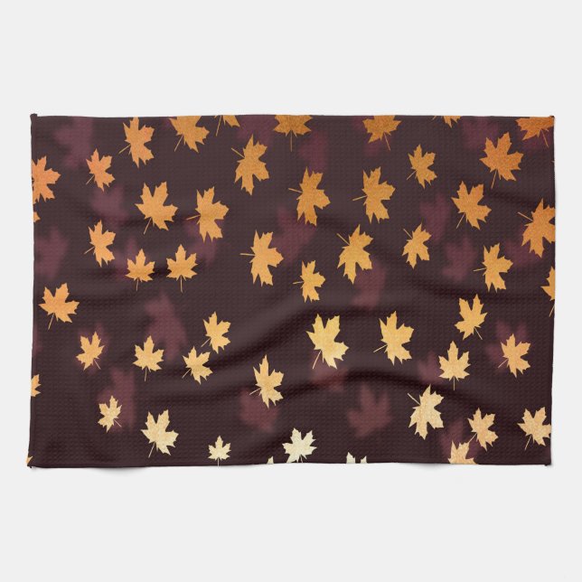 Guld Maple Löv på mörk röd Kökshandduk (Horisontell)