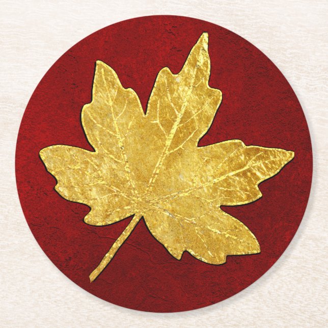 Guld Maple Löv på Red Underlägg Papper Rund (Framsidan)