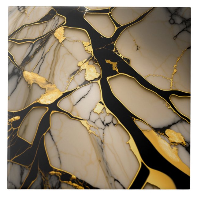 Guld Marble Ceramic Tile Black Crystalline Veins Kakelplatta (Framsidan)