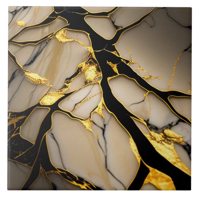 Guld Marble Ceramic with Black Crystalline Veins Kakelplatta (Framsidan)