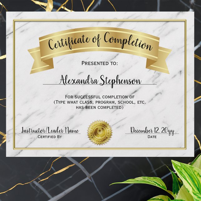 Guld Marble Certificate of Completion Course Award (gold Certificate of Completion)