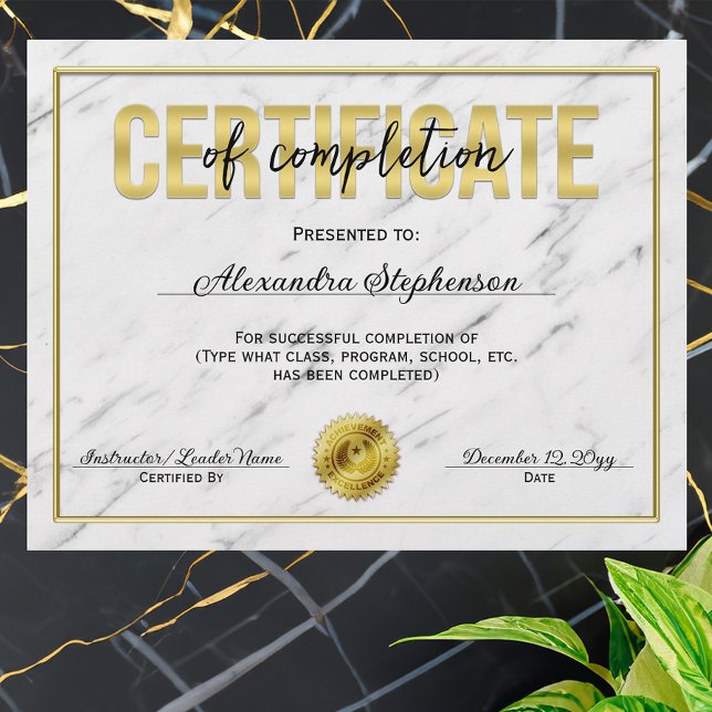 Guld Marble Certificate of Completion Course Award (certificate of completion)