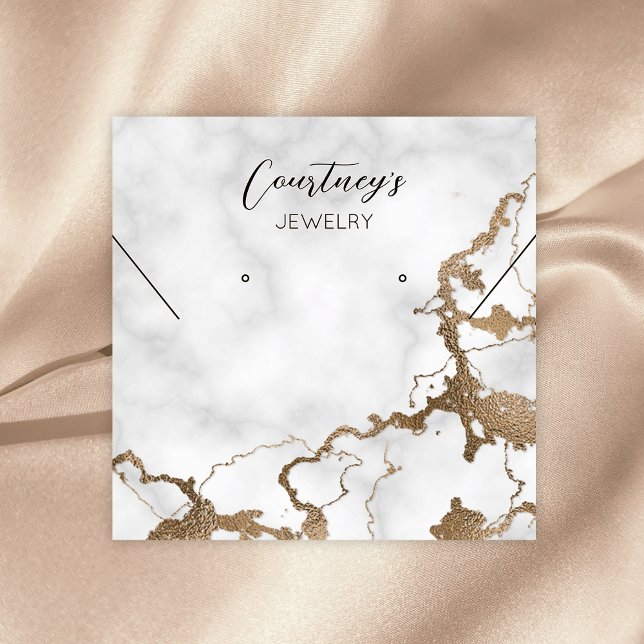 Guld Marble Chic Bracelet Earring Jewelry Visning Fyrkantigt Visitkort (Marble and gold glitter jewelry packaging cards with elegant calligraphy font and business details)