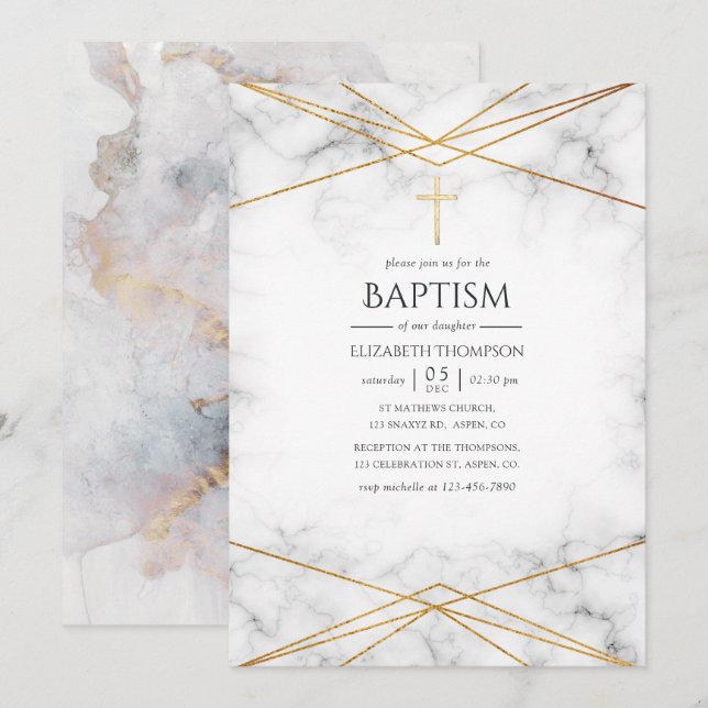 Guld Marble Geometric Baptism Inbjudningar (Fram/baksida)