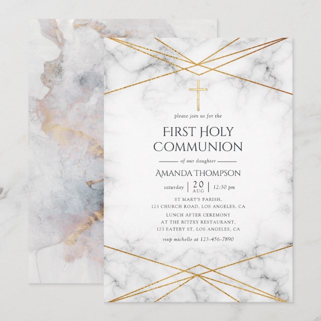 Guld Marble Geometric First Heliga Communion Inbjudningar (Fram/baksida)