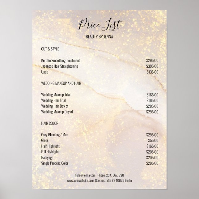 Guld Marble Glitter Salon Pris Lists Poster (Framsidan)