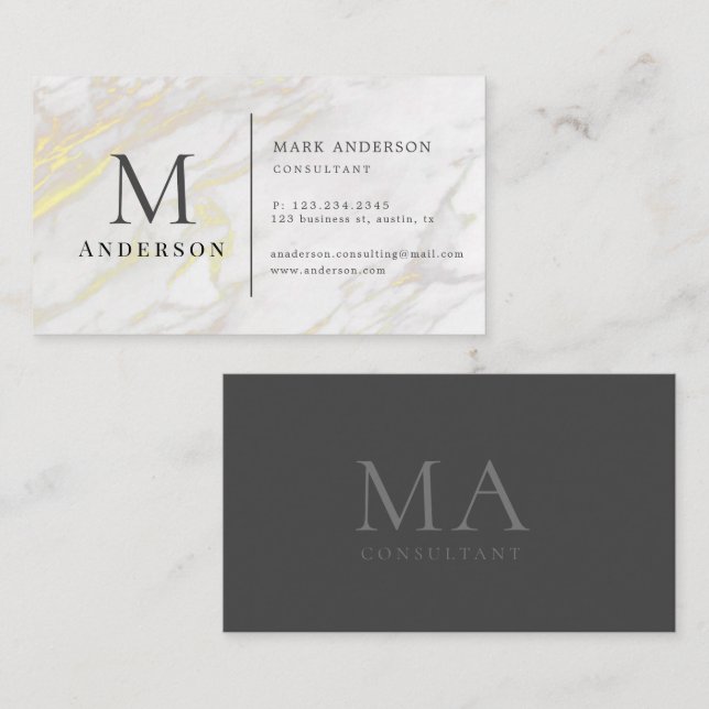 Guld Marble Masculine Dubbla Monogram Visitkort (Fram/baksida)