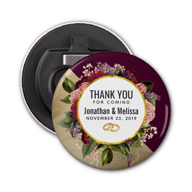 Guld Marble Mönster och Burgundy Blommigt Bröllop Flasköppnare (Framsidan)