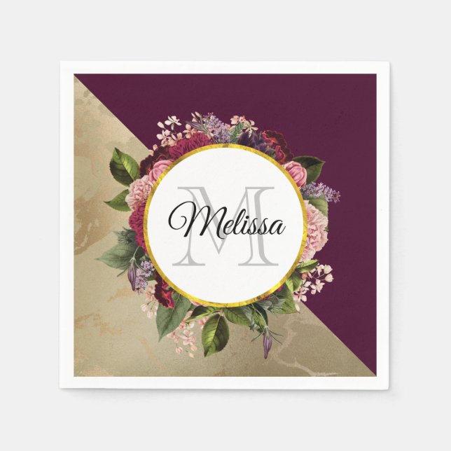 Guld Marble Mönster och Burgundy Blommigt Monogram Pappersservett (Framsidan)
