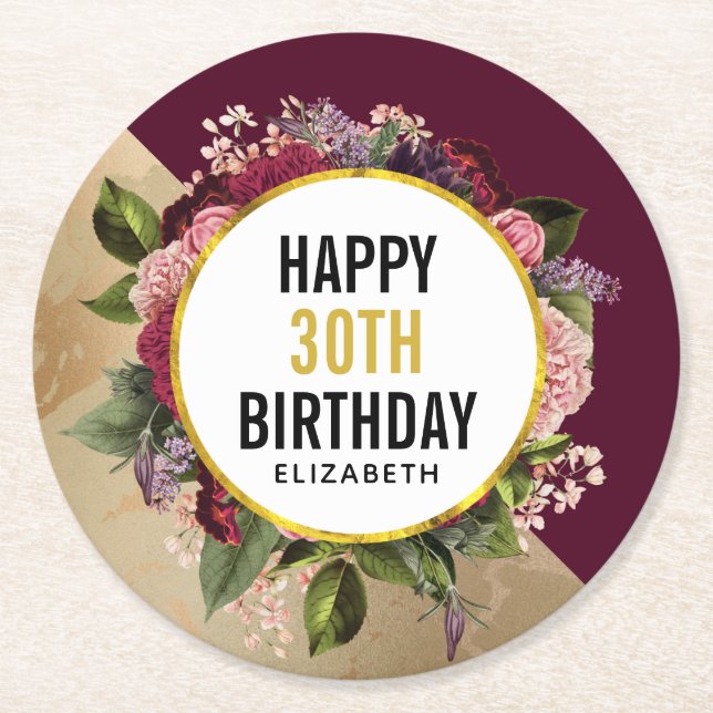 Guld Marble Mönster och Burgundy Blommigtar Födels Underlägg Papper Rund (Framsidan)