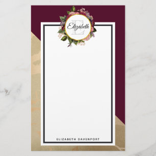 Guld Marble Mönster och Burgundy Blommigts Monogra Brevpapper