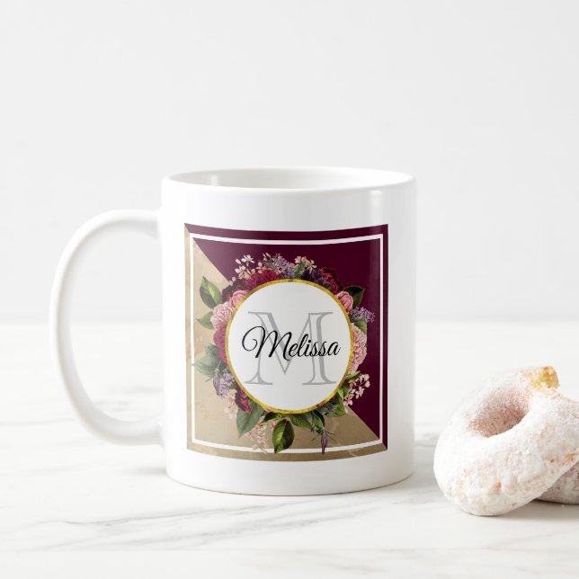 Guld Marble Mönster och Burgundy Blommigts Monogra Kaffemugg (Med munk)
