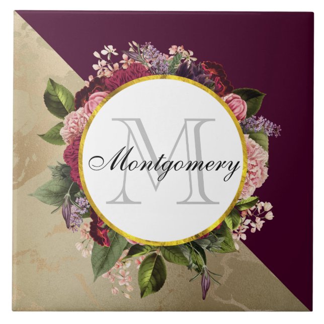 Guld Marble Mönster och Burgundy Blommigts Monogra Kakelplatta (Framsidan)