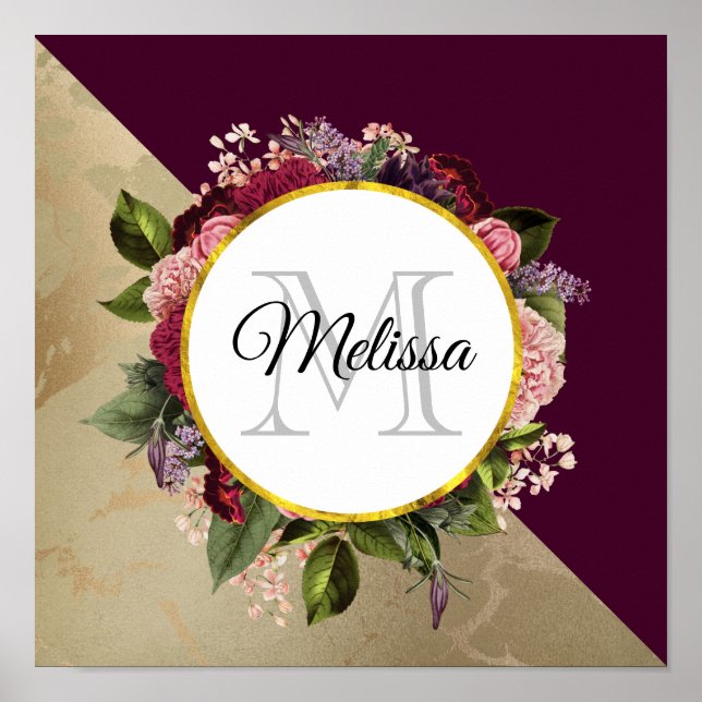 Guld Marble Mönster och Burgundy Blommigts Monogra Poster (Framsidan)
