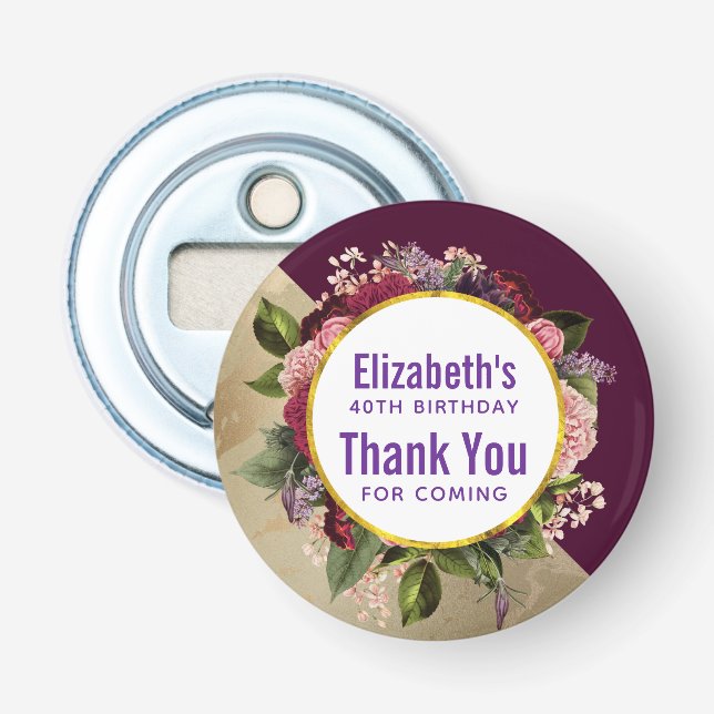 Guld Marble och Burgundy Blommigts Birthday Favor Flasköppnare (Framsidan)