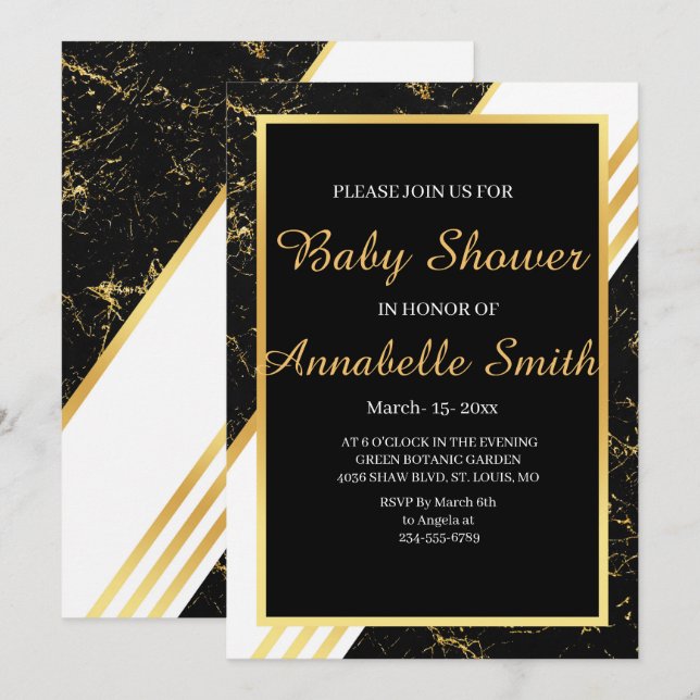 Guld marble rand typography black Baby Shower Inbjudningar (Fram/baksida)