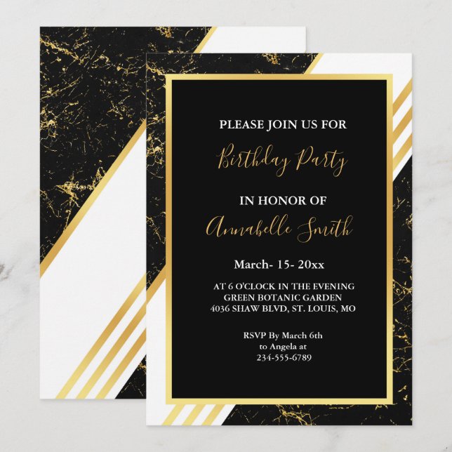 Guld marble rand typography black Birthday Inbjudningar (Fram/baksida)