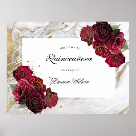 guld marble ro blommigt Quinceanera Poster