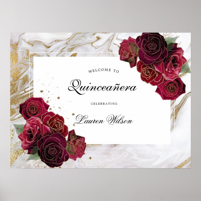 guld marble ro blommigt Quinceanera Poster (Framsidan)