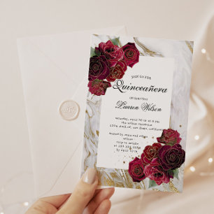 Guld Marble Röd ros Blommigt Quinceanera Inbjudningar