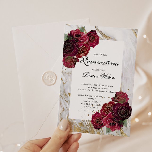 Guld Marble Röd ros Blommigt Quinceanera Inbjudningar (Skapare uppladdad)