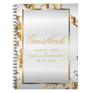 Guld Marble & White Satin - Guestbook Anteckningsbok Med Spiral