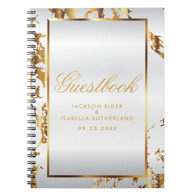 Guld Marble & White Satin - Guestbook Anteckningsbok Med Spiral (Framsidan)