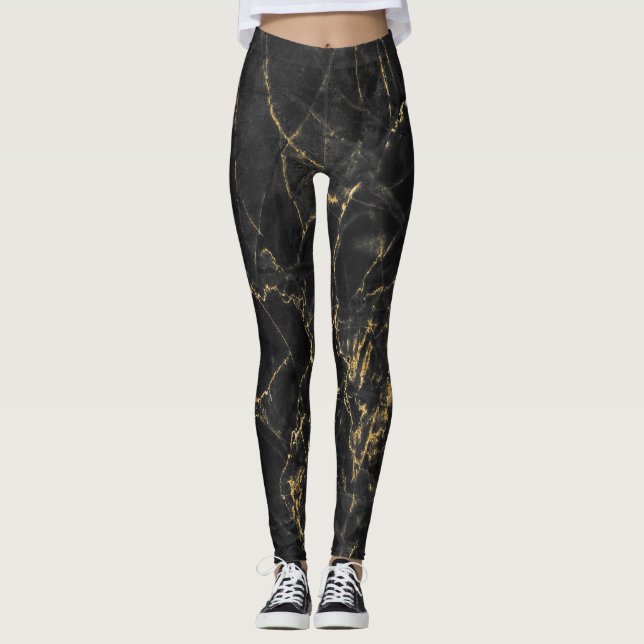 Guld Marbling Black Background Struktur Leggings (Framsida)