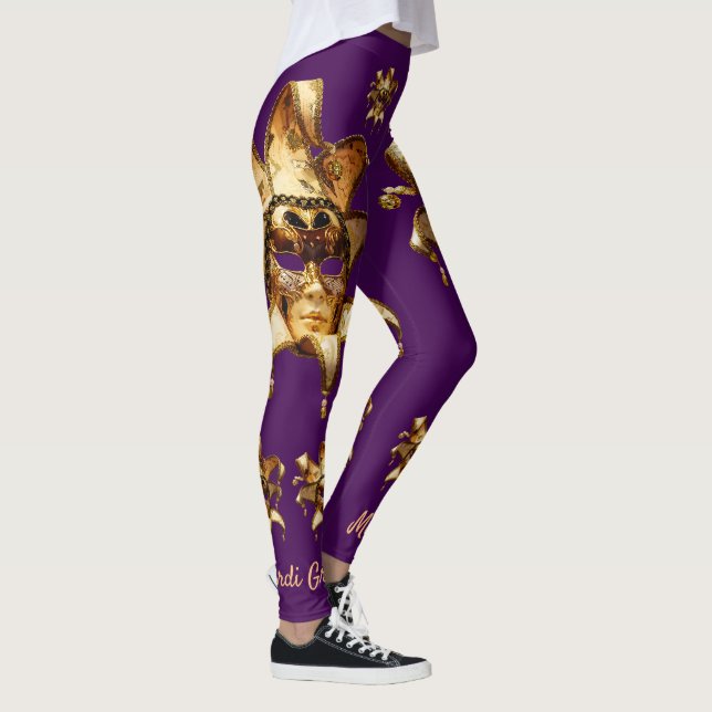 Guld- Mardi Gras maskerar på plommonet Leggings (Höger)