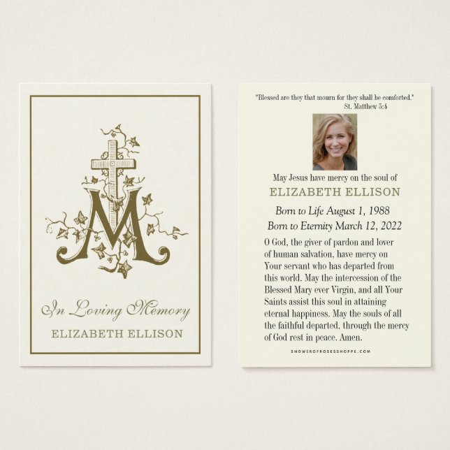 Guld Marian Kor Virgin Mary Funeral Prayer Card Visitkort (Framsida & baksida)