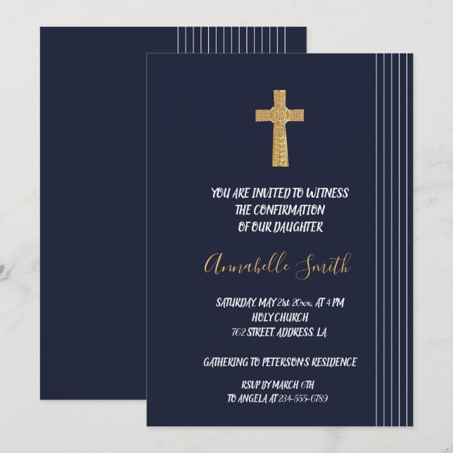 Guld - marin blå elegant    typografiBEKRÄFTELSE Inbjudningar (Fram/baksida)