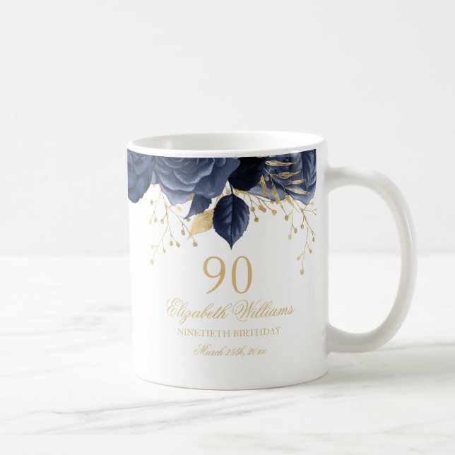 Guld Marin Blommig Ros 90-årsdag Kaffemugg (Höger)