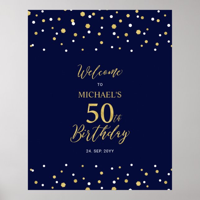 Guld & Marin Konfetti 50-års Födelsedagsfirande Vä Poster (Framsidan)