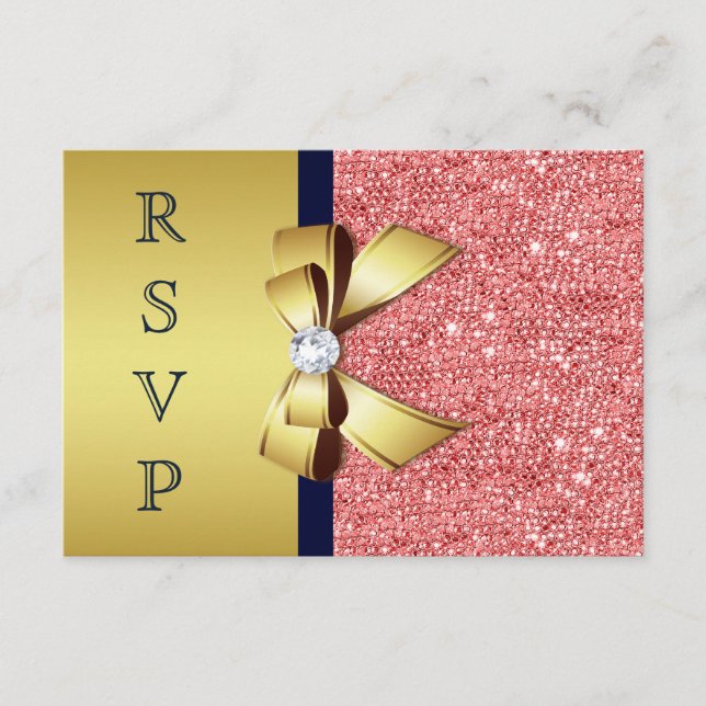 Guld Marin Korall Paljetter Diamanter Rosett RSVP OSA Kort (Framsida)