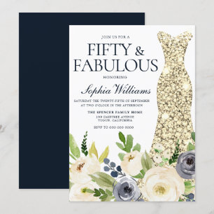 Guld, marin och vit Blommigt, 50:e Födelsedagsfest Inbjudningar